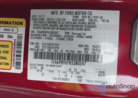 2017 Ford Mustang Ecoboost z USA, uszkodzony, nr VIN 1FA6P8TH7H5280347